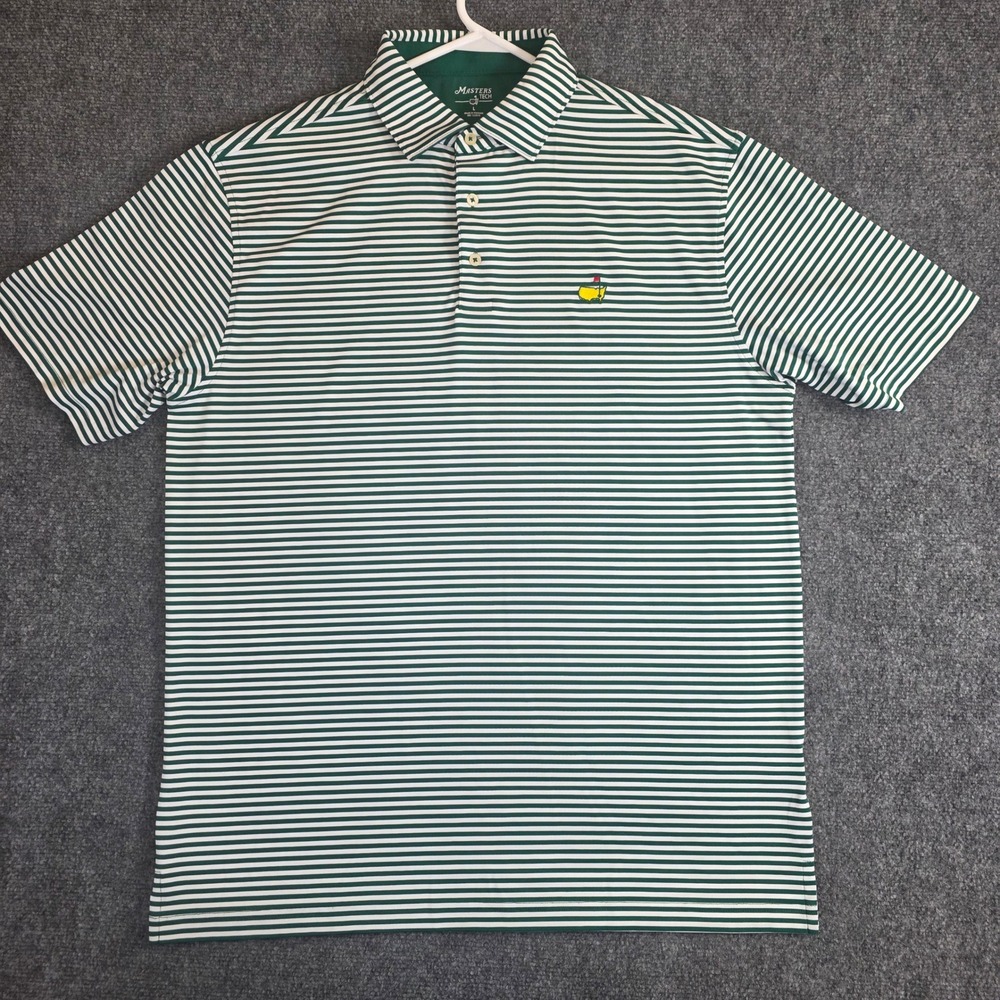 Masters Tech Polo Shirt Mens Large Green Striped Short Sleeve Golf Performance